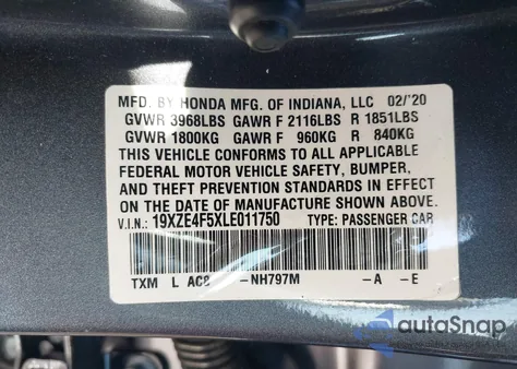 2020 Honda Insight Ex из США, поврежденный, VIN 19XZE4F5XLE011750